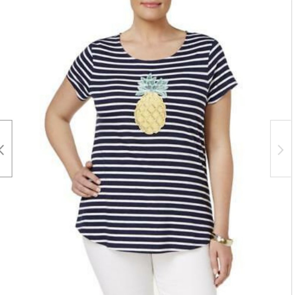 Charter Club Embellished-Pineapple Blue/White Top